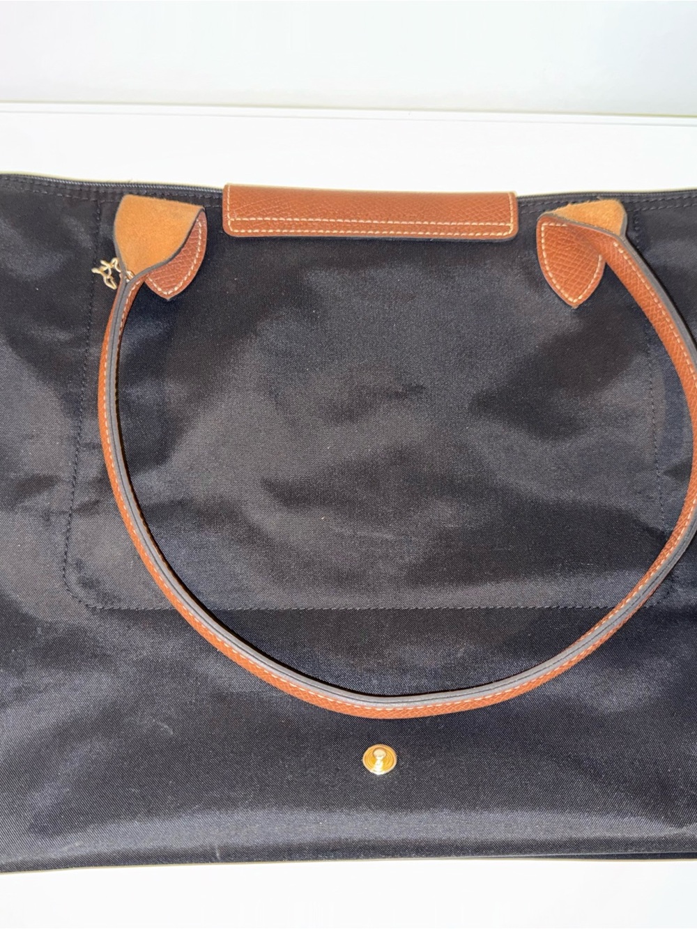 Longchamp Le Pliage Large Black Tote with Brown Leather Flap and Handle - Picture 2 of 10